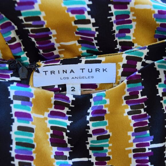 Trina Turk Silk Sleeveless Sheath Dress Workwear Cocktail Gold Black Purple - Picture 10 of 10